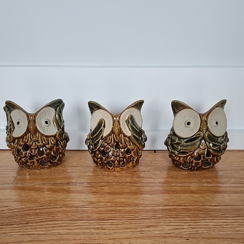 Ceramic Owl Figurines Set. Tea Light Holders